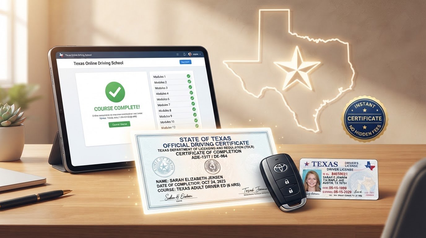 Texas DPS approved online driving school instant certificate and course complete screen