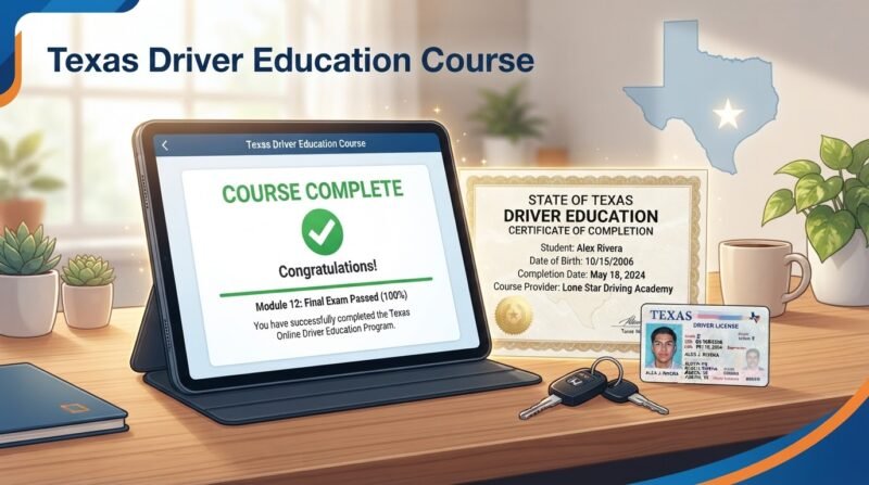 Texas online driver education course on a tablet with an instant certificate and car keys