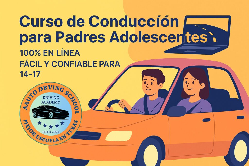 Imagen tipo caricatura del Curso de Manejo para Adolescentes Guiado por Padres (PTDE), mostrando a un padre y un adolescente con íconos de laptop y auto, promoviendo un curso 100% en línea para edades de 14 a 17 años con el logo de A Auto Driving School.