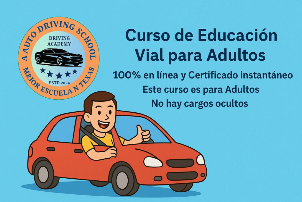 Ilustración tipo dibujo animado del curso Adult Driver Ed en línea, mostrando a un conductor adulto sonriente en un auto con el logo de A Auto Driving School, destacando curso aprobado por el DPS, 100% en línea, certificado instantáneo y sin cargos ocultos.
