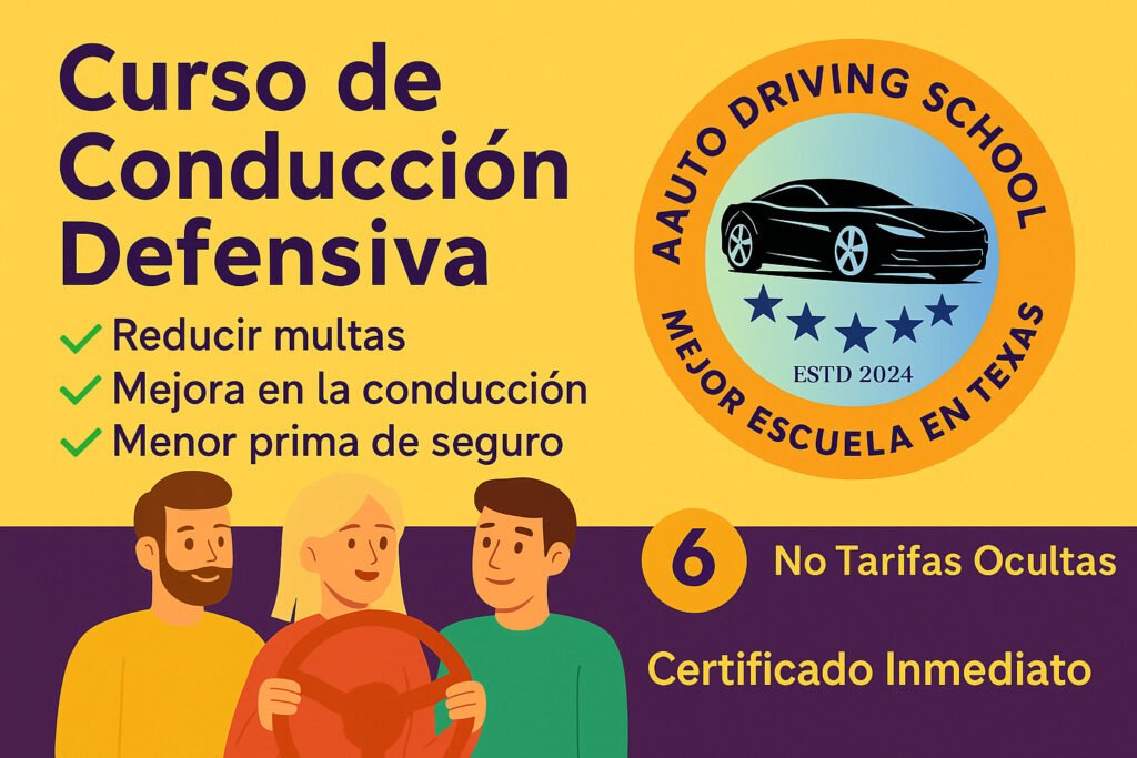 Ilustración tipo caricatura del Curso de Manejo Defensivo en Texas, destacando reducción de multas, disminución del seguro, curso en línea de 6 horas, certificado instantáneo y sin cargos ocultos con el logo de A Auto Driving School.