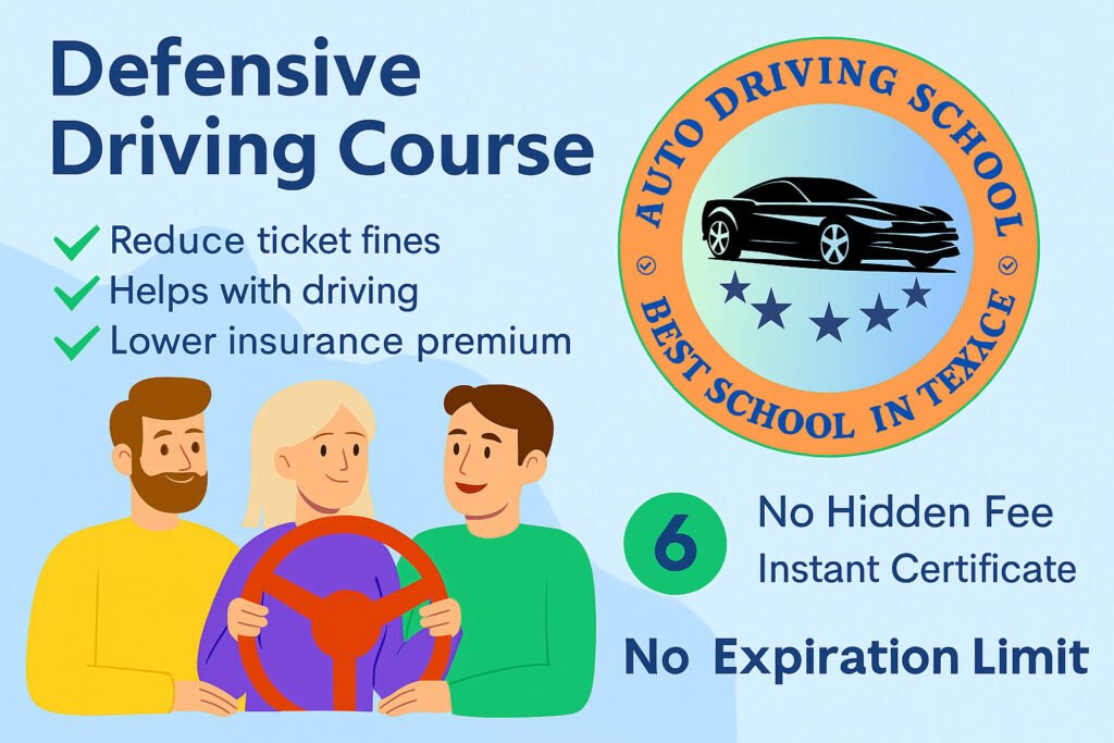 Cartoon-style graphic promoting a Texas Defensive Driving Course, highlighting reduced ticket fines, lower insurance premiums, 6-hour online format, instant certificate, and no hidden fees with A Auto Driving School logo.