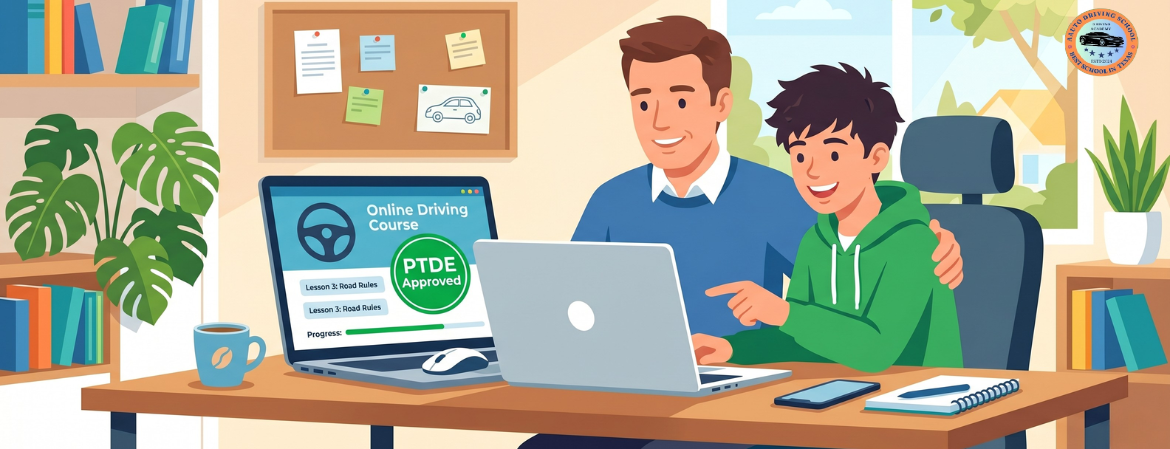 Parent and teen completing Texas parent taught driving course online at home