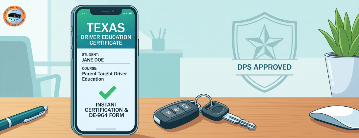 Instant DE-964 certificate for Texas teen driving course online