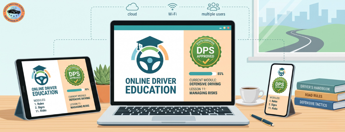 Texas DPS approved online driving course accessible on mobile tablet and PC