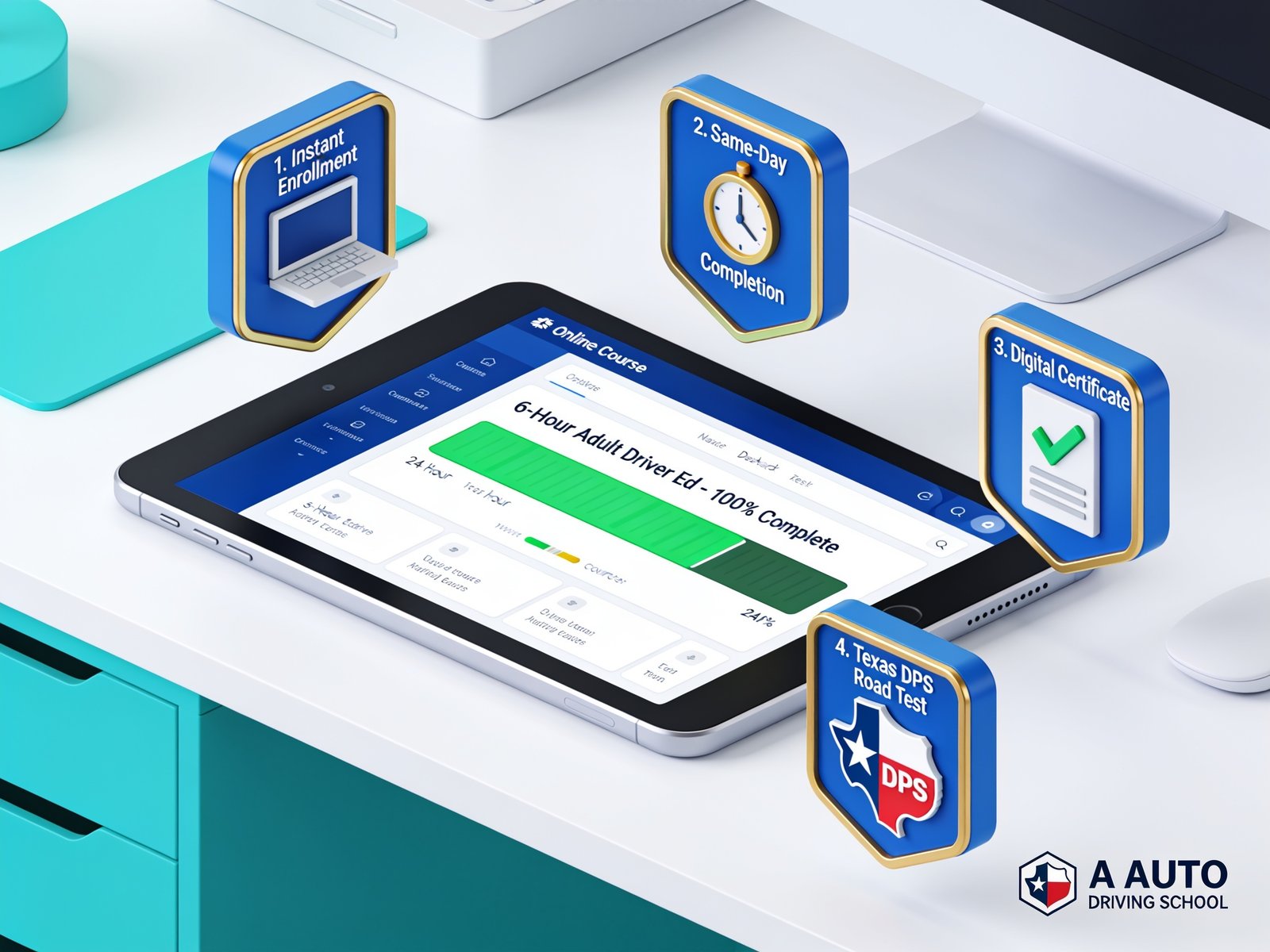 A vibrant, modern 3D isometric vector illustration showing the fast-track process for adult driver education in Texas. In the center, a digital tablet sits on a modern desk displaying an online course dashboard with a "6-Hour Adult Driver Ed - 100% Complete" green progress bar. Surrounding the tablet are isometric floating badges representing the rapid step-by-step workflow: 1. A laptop icon showing instant enrollment, 2. A 24-Hour clock symbol highlighting same-day completion, 3. A digital completion certificate with a checkmark badge, and 4. A Texas DPS logo icon for the final road test. The color palette features energetic Texas blue, bright gold accents, clean teal, and crisp white. Modern isometric aesthetic, highly detailed 3D render style, clean lighting, vector art feel with a small "A AUTO DRIVING SCHOOL" logo placement in the bottom right corner. No blurry text.
