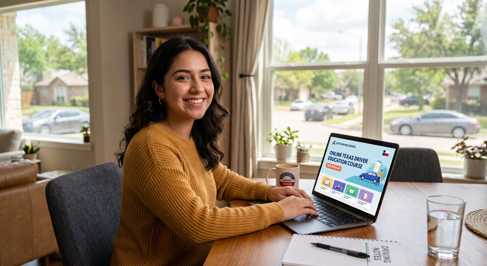 Young adult confidently completing Texas Adult Driver Education course online at home on a laptop.