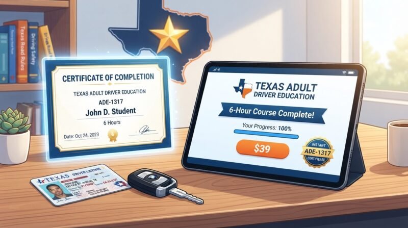 6-hour Texas adult driver education online course with instant ADE-1317 certificate for $39